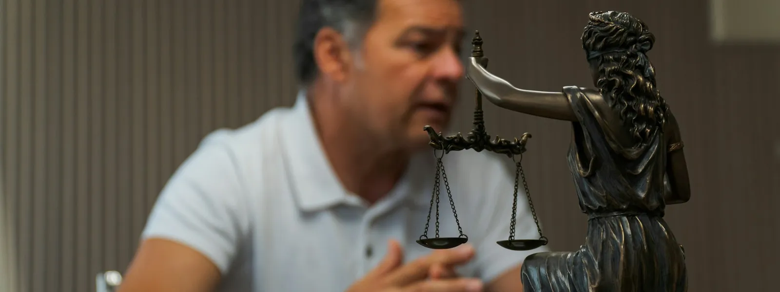 Lawyer at their office desk with a justice statue figurine in the foreground