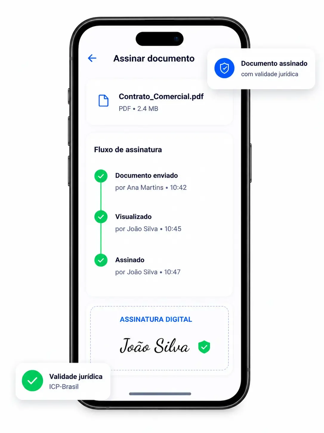 App da Signater: fluxo de assinatura de um contrato (enviado, visualizado e assinado) com validade jurídica ICP-Brasil