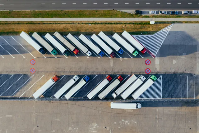 Transport trucks lined up