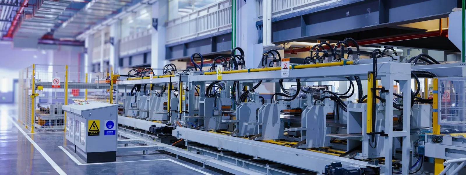 Modern industrial production line with clean floors and advanced machinery