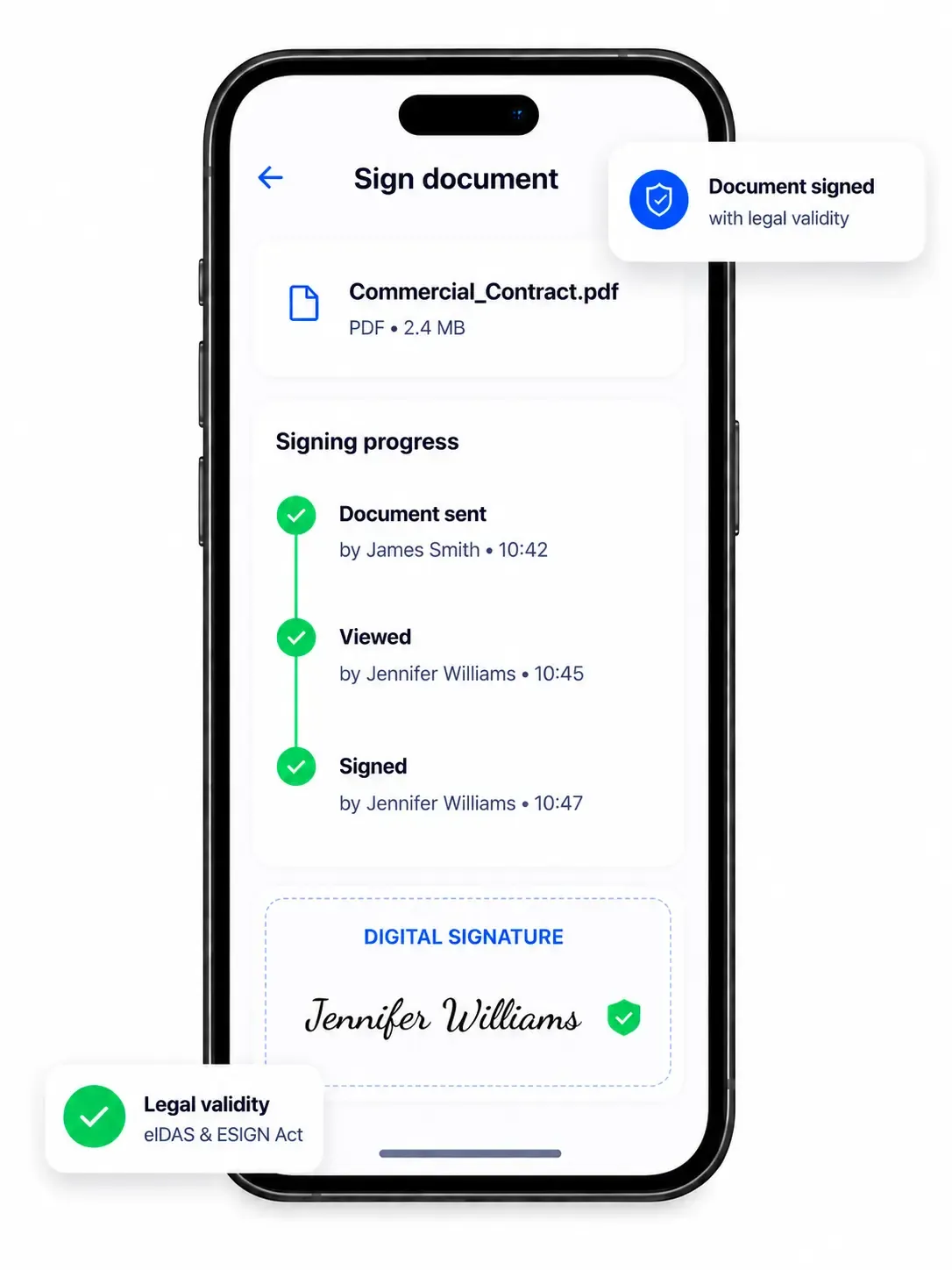 Signater app: a contract's signing flow — sent, viewed, and signed